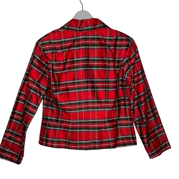 Vintage Painted Pony Red Tartan Plaid Silk Cropped Blazer Chunky Buttons Size 12 - Picture 3 of 16